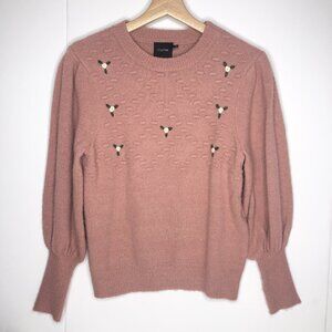 Cliche Women Knit Blush Pink Sweater XS Juliet Sleeve Hand Embroidered Flowers